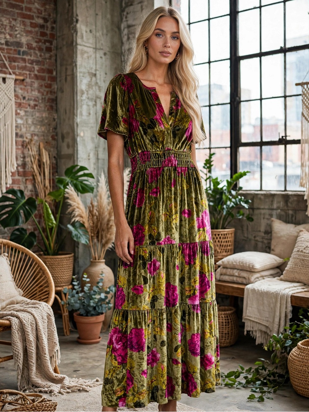 Anthropologie The Somerset Maxi Dress — Green Floral Velvet